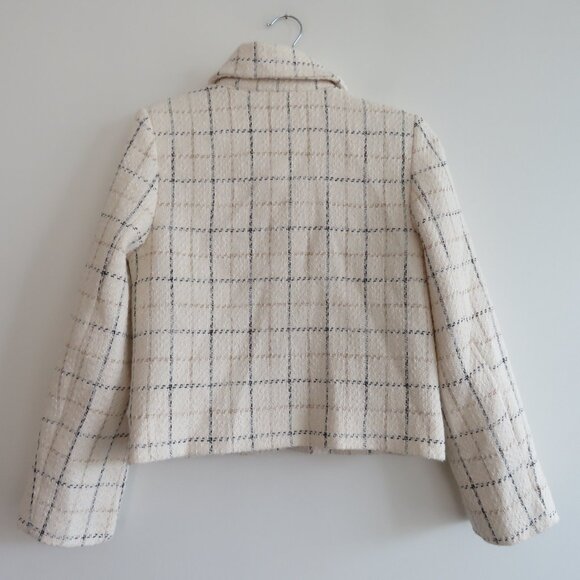 MANGO MNG Cropped Tweed Blazer in Cream Plaid Preppy Old Money Academia Size XS - Picture 9 of 13